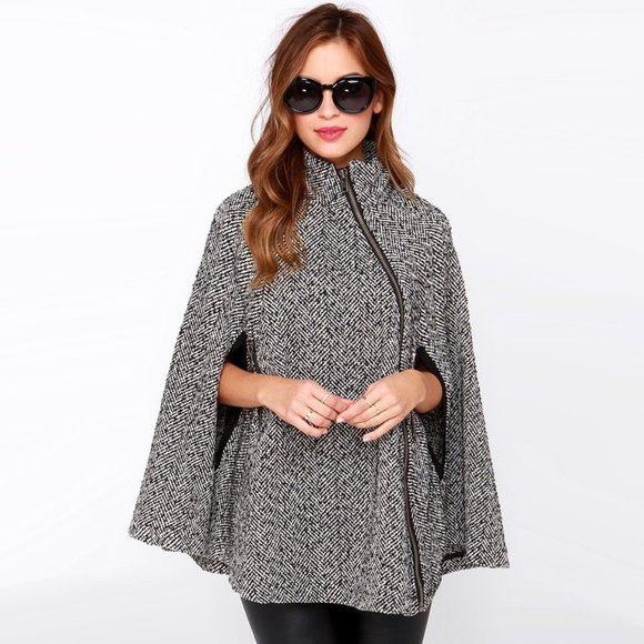 JTHEWAY Jackets & Blazers - Jtheway for Lulus Black Ivory Herringbone Boucle Cape Coat Jacket